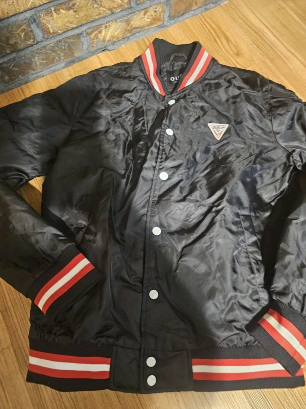 Guess Mens Varsity Jacket Snap Up Black Spell Out Embroidered Mens Size Medium